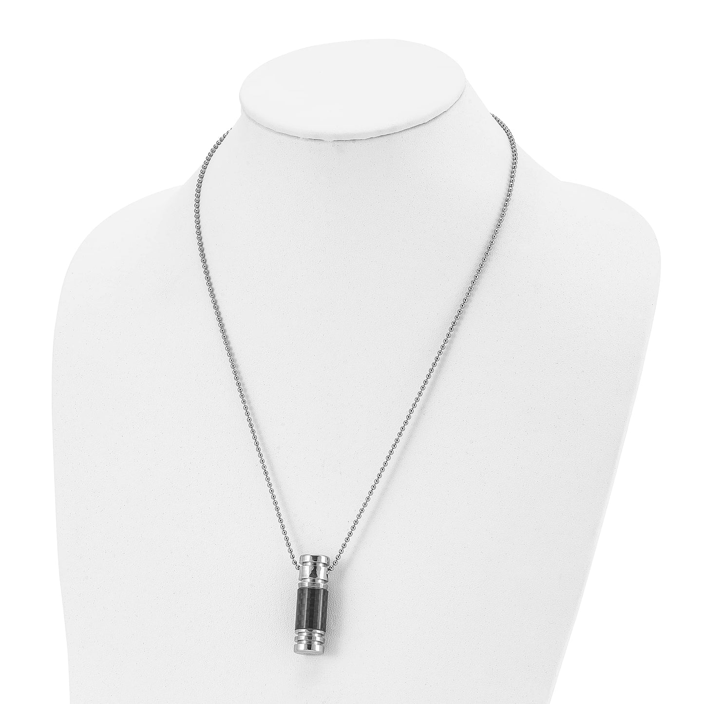 Stainless Steel Polished Cylinder w/Black Carbon Fiber Inlay 22in Necklace
