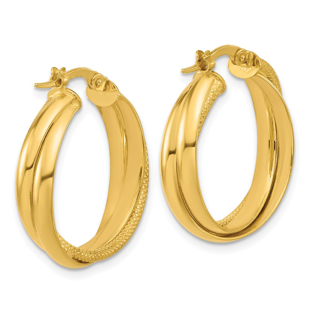 14K Polished and Textured Round Hoop Earrings