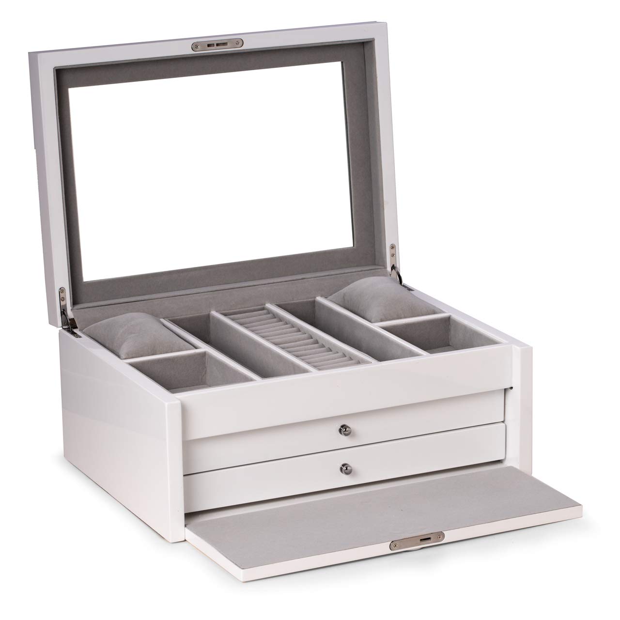 White Lacquer Large Jewelry Chest w/ Multi-Comparment