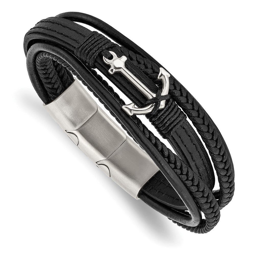 Stainless Steel Polished Anchor Genuine/PU Leather w/.5in ext Bracelet 7.25 inches