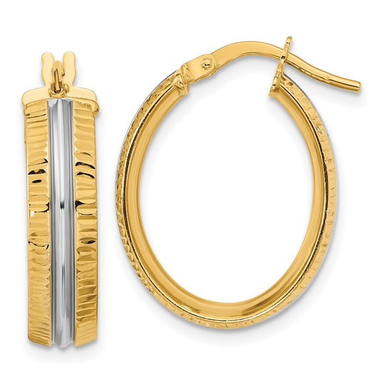 14K with White Rhodium Center Polished Oval Hoop Earrings