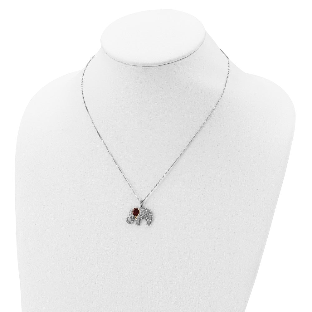 Brilliant Gemstones Sterling Silver with 14K Accent Rhodium-plated Garnet and Diamond Elephant 18 Inch Necklace with 2 Inch Extender 17 Inches
