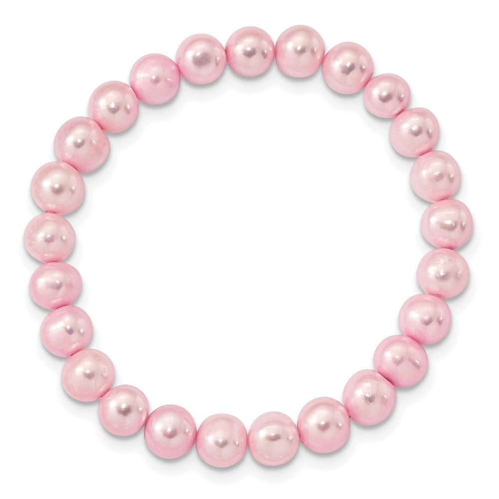 Sterling Silver Rhodium-plated 7-8mm Pink Near-Round Freshwater Cultured Pearl 18 inch Necklace, Stretch Bracelet and Button Post Earrings Set