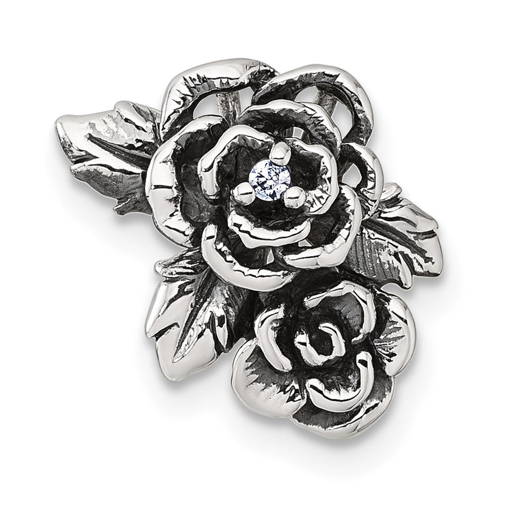 Sterling Silver Antiqued Polished CZ Flowers Chain Slide Pendant