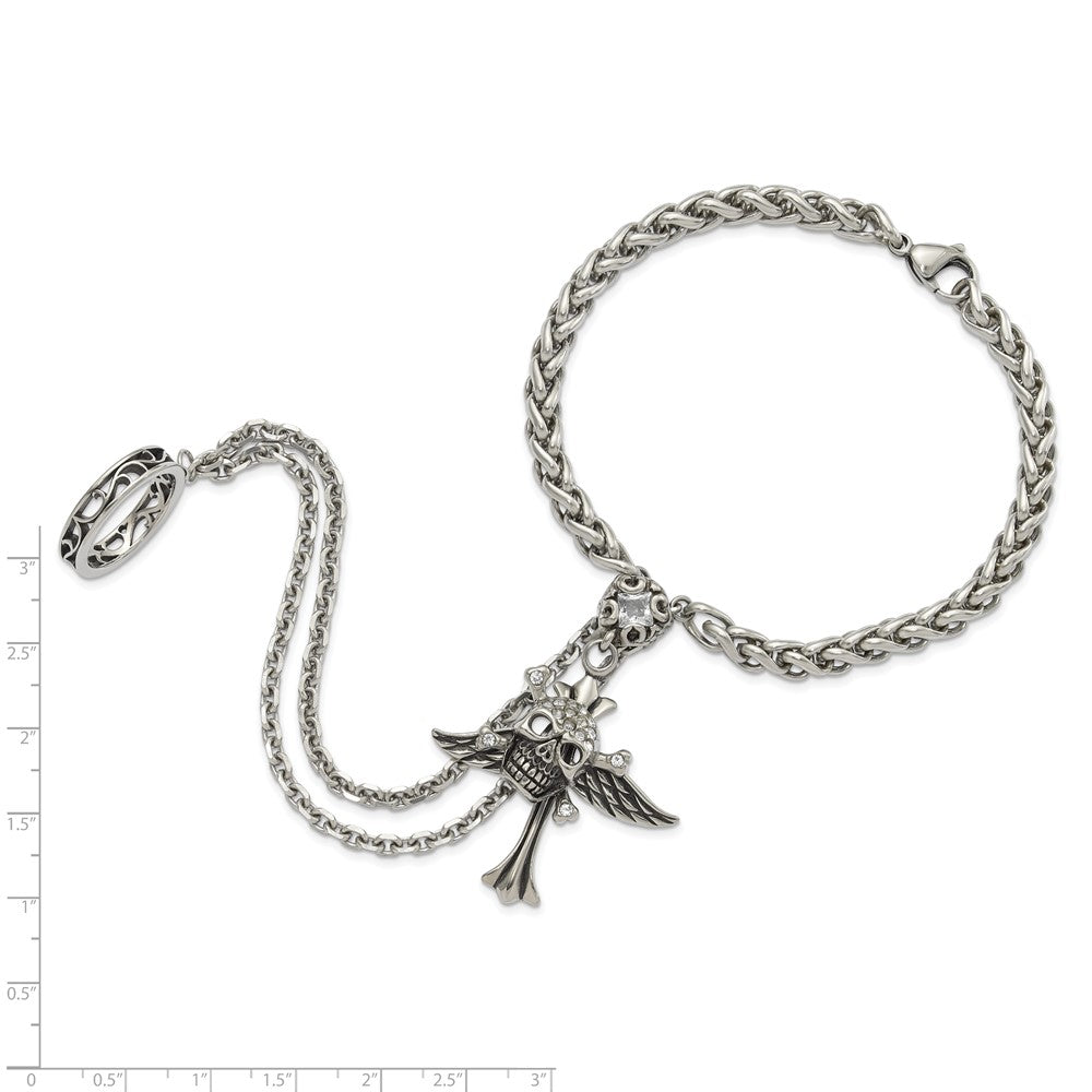 Stainless Steel Antiqued & Polished Winged Skull Cross Crystal Connect Bracelet & Ring