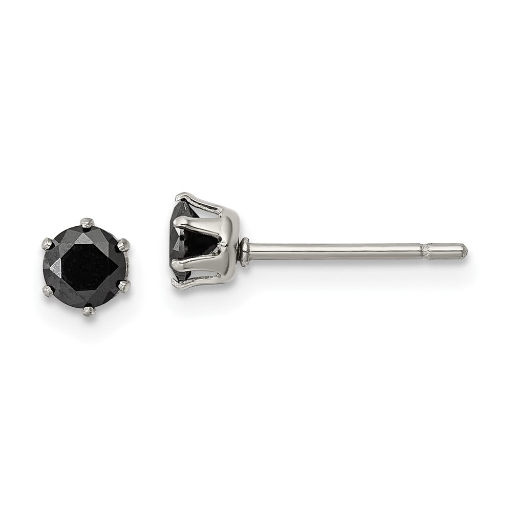 Stainless Steel Polished 4mm Black Round CZ Stud Post Earrings