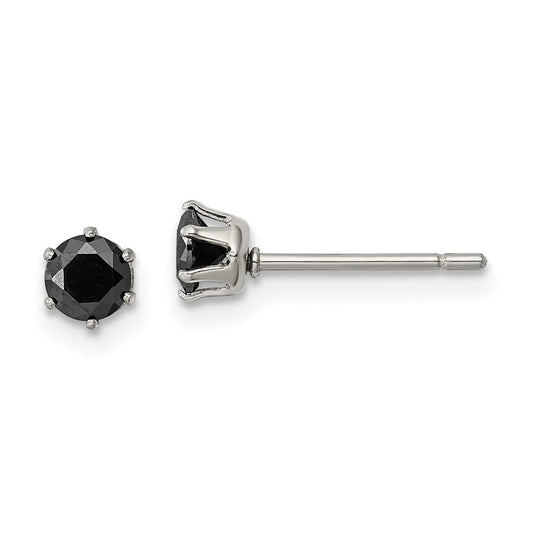 Stainless Steel Polished 4mm Black Round CZ Stud Post Earrings