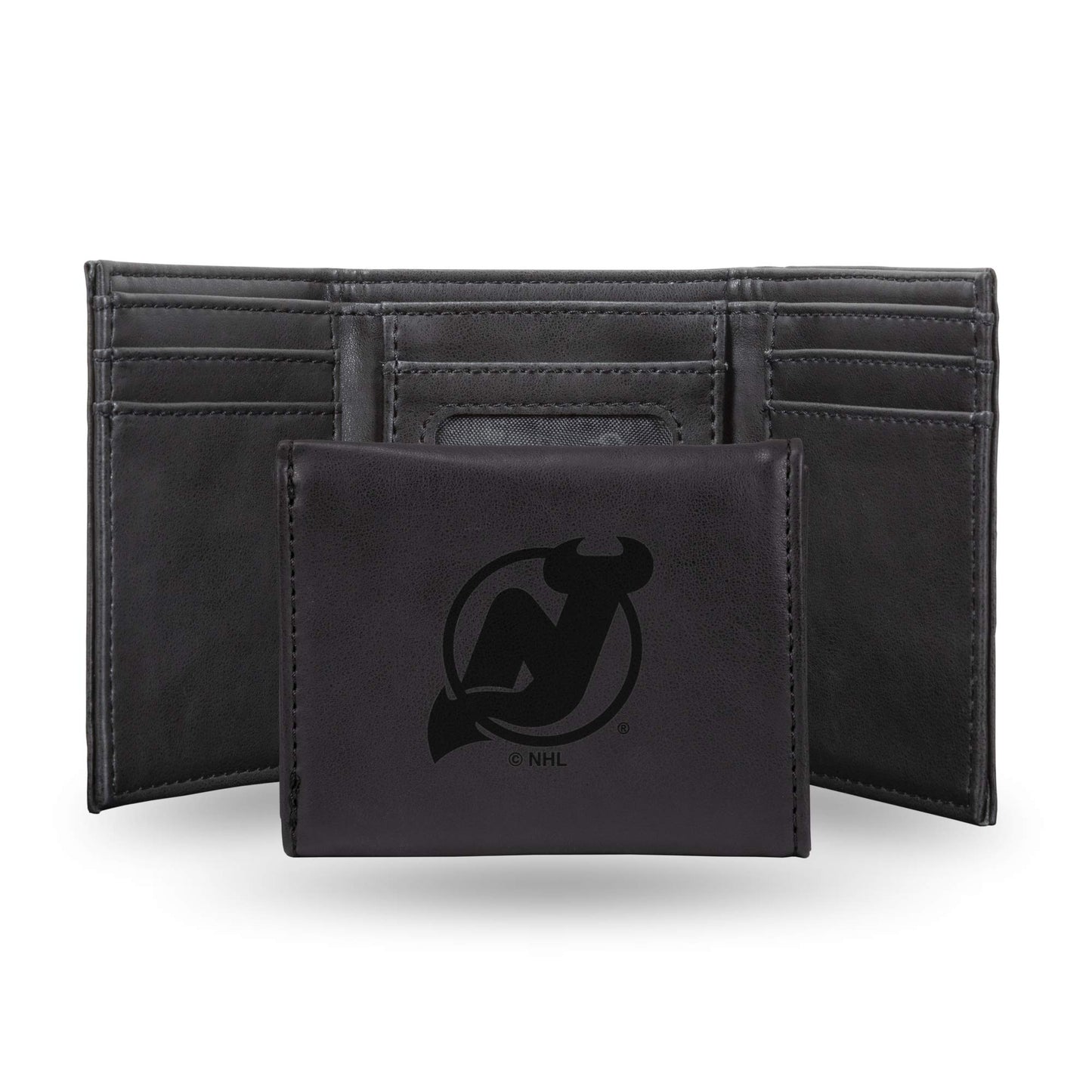 Hockey Rico Industries New Jersey Devils Black Laser Engraved Trifold Laser Engraved Tri-Fold Wallet - Men's Accessory