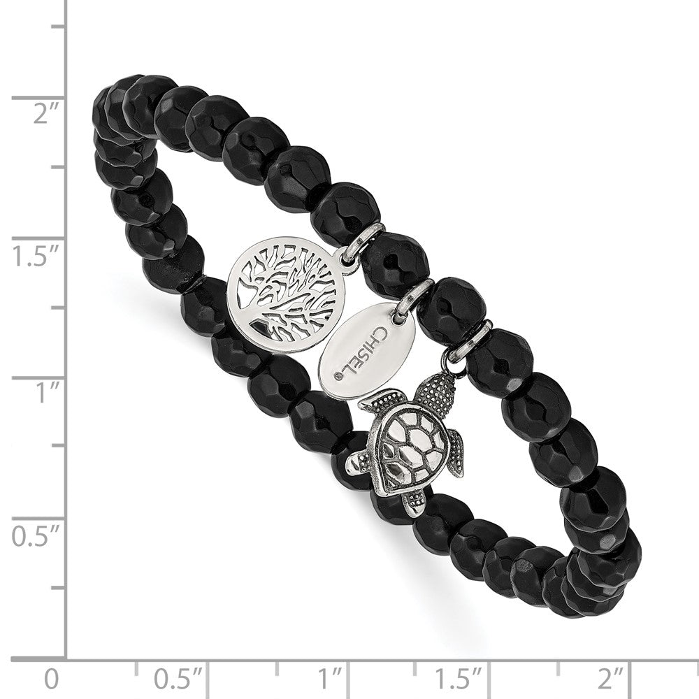 Chisel Stainless Steel Antiqued and Polished Turtle and Tree of Life Dangles 6mm Black Agate Beaded 6.25 inch Stretch Bracelet 6.25 inches