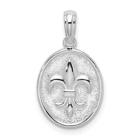 De-Ani Sterling Silver Rhodium-Plated Polished and Textured Fleur de Lis Oval Pendant