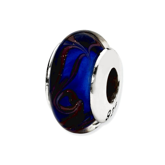 Sterling Silver Reflections Blue/Brown Swirl Hand-blown Glass Bead