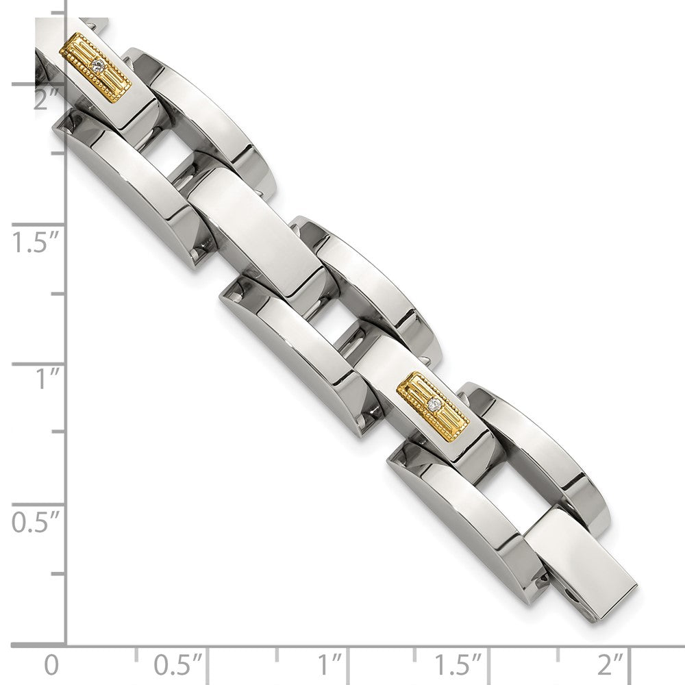 Chisel Stainless Steel Polished with 14K Gold Accent and 1/20ct. Diamond 8.25 inch Link Bracelet 8.25 inches