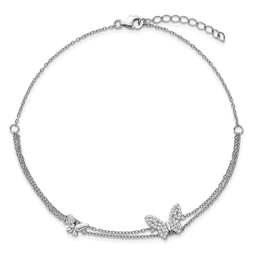 Sterling Silver Rhodium-plated Polished Two-Strand CZ Butterflies 9 Inch Plus 1 Inch Extension Anklet