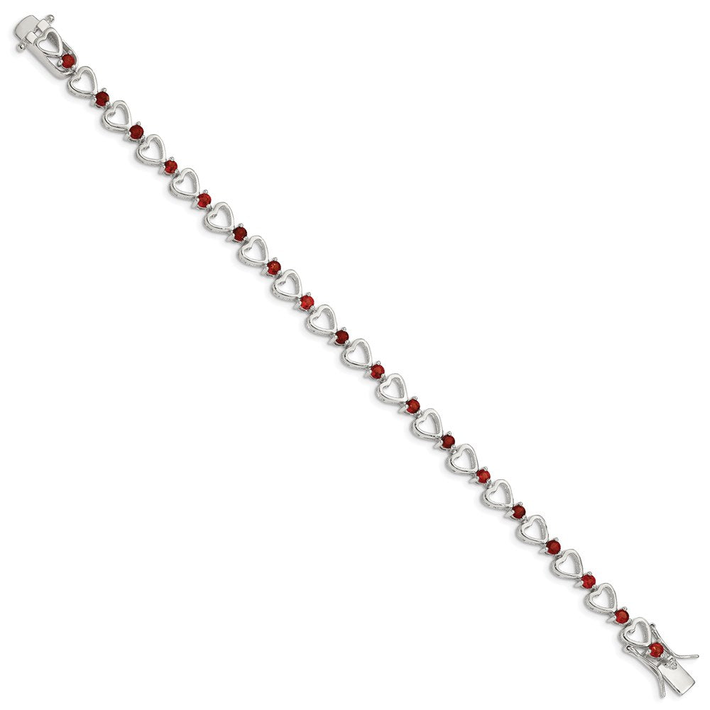 Sterling Silver Rhodium-plated Garnet Heart Bracelet 7 inches