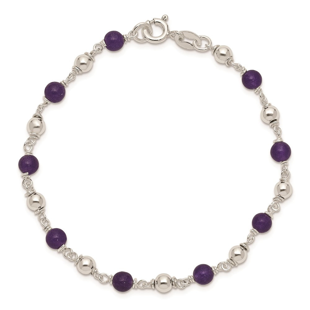 Sterling Silver 7inch Polished Amethyst Beaded Bracelet 7 inches