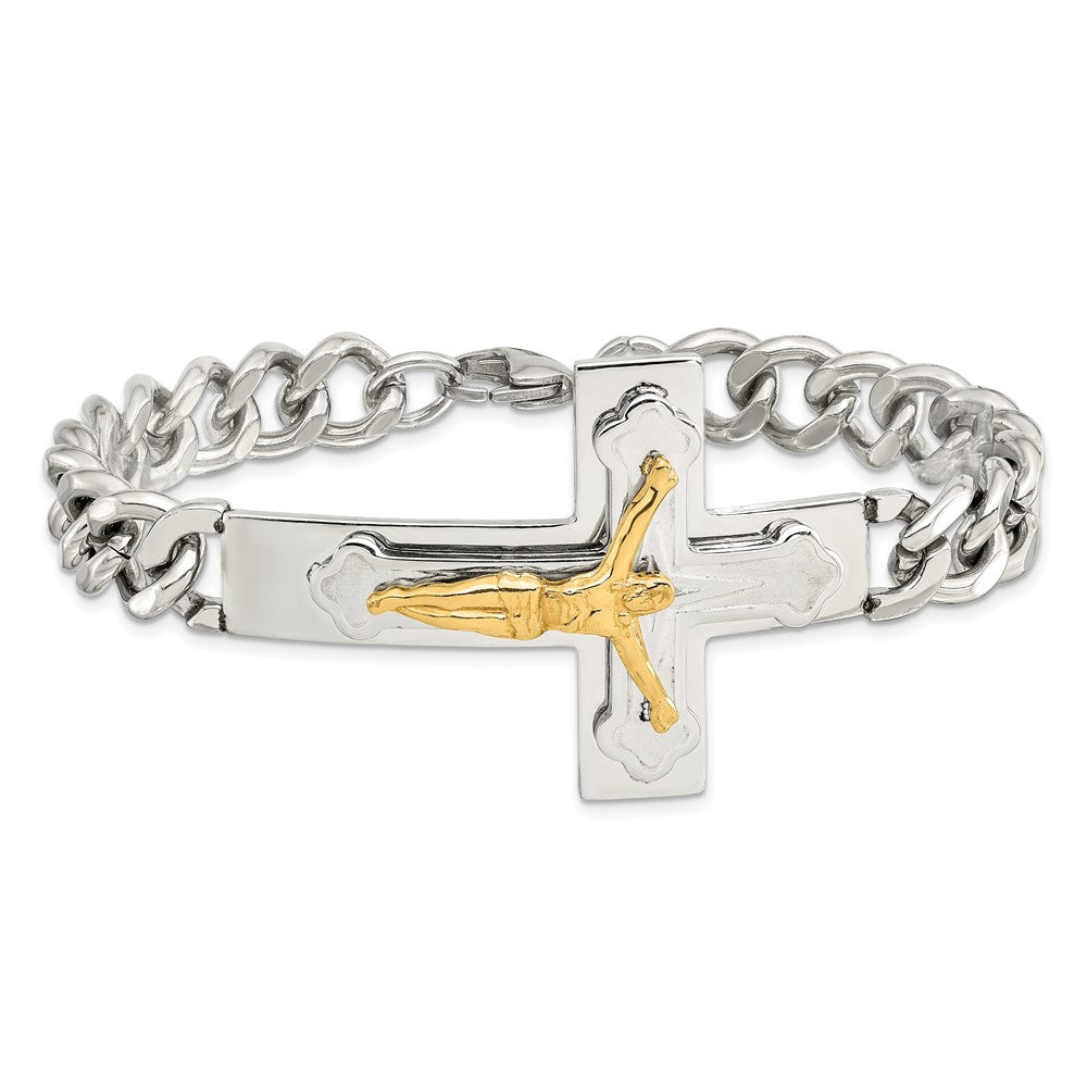 Stainless Steel Polished Yellow IP-plated Crucifix 8in Bracelet 8 inches