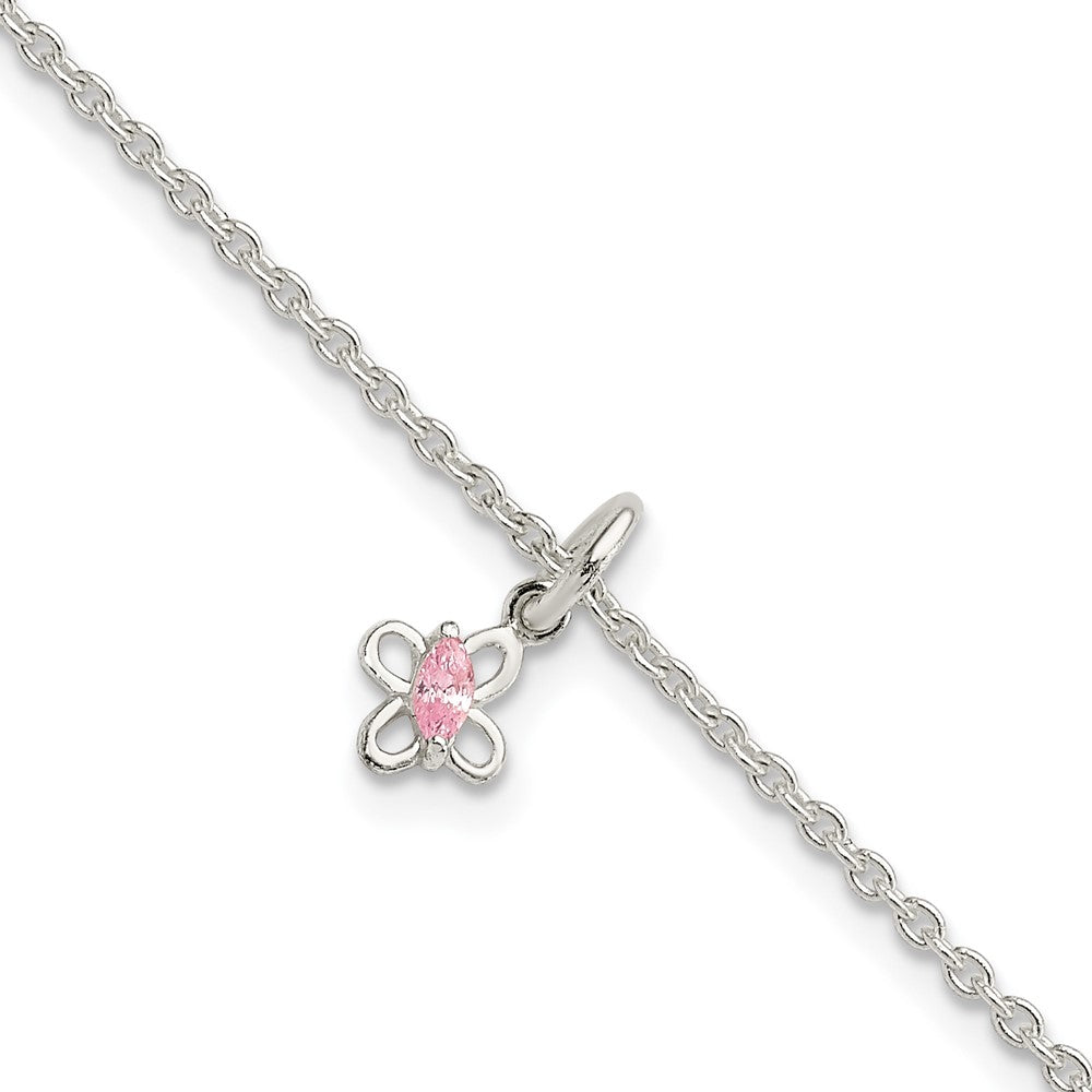 Sterling Silver Polished Pink CZ Butterfly w/ 1.5in Ext. Children's Bracele 6.5 inches