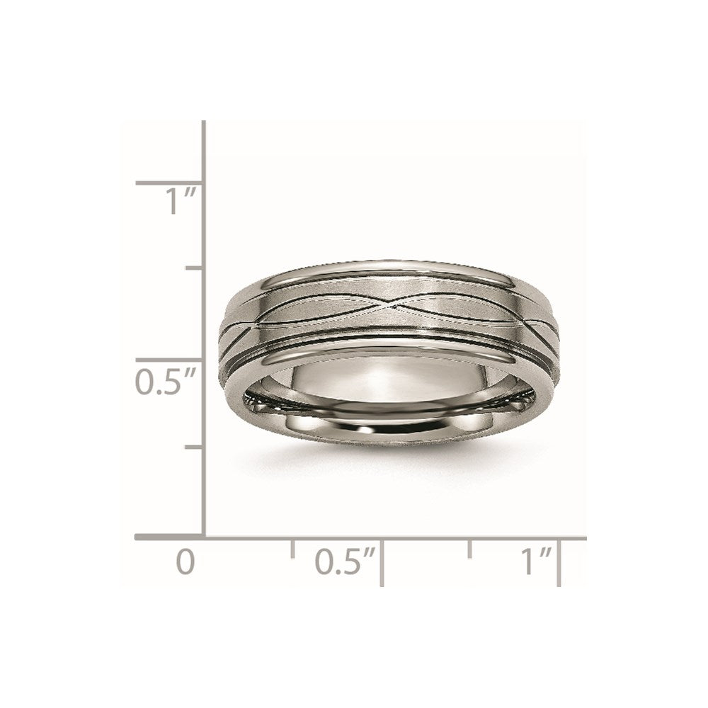 Titanium Brushed Center 7mm Criss-cross Design Ridged Edge Band Size - 10