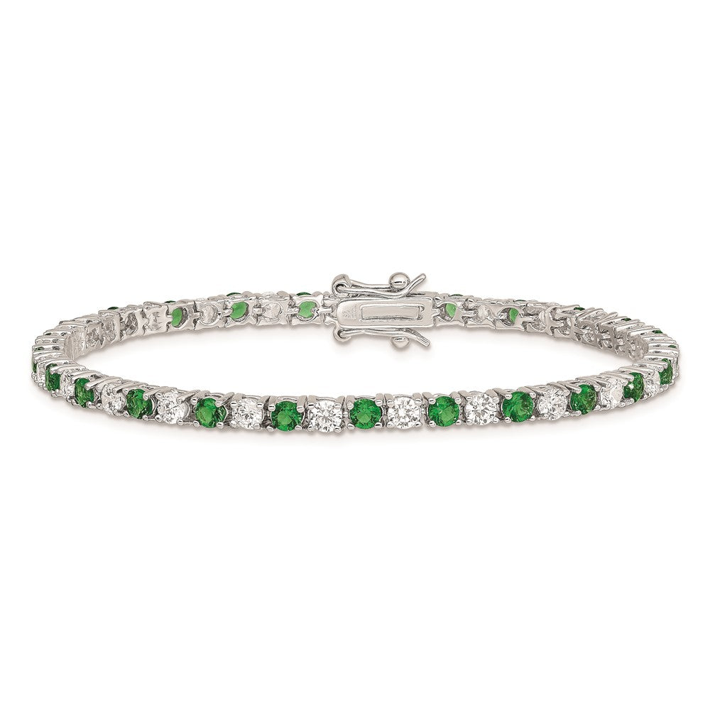 Sterling Silver Rhodium-plated Green Glass and CZ  7 inch Bracelet 7 inches