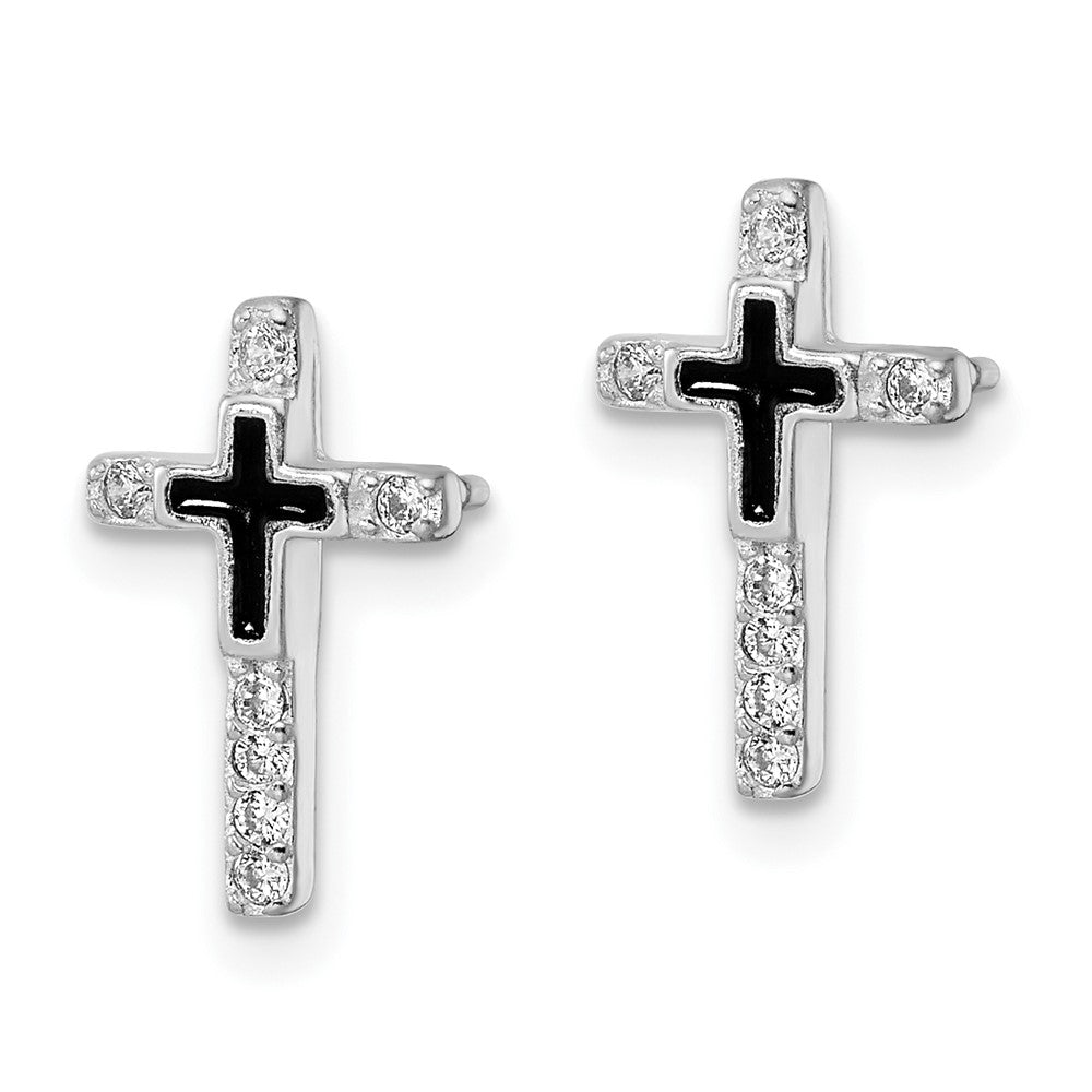 Sterling Silver RH-plated Enamel CZ Cross Post Earrings
