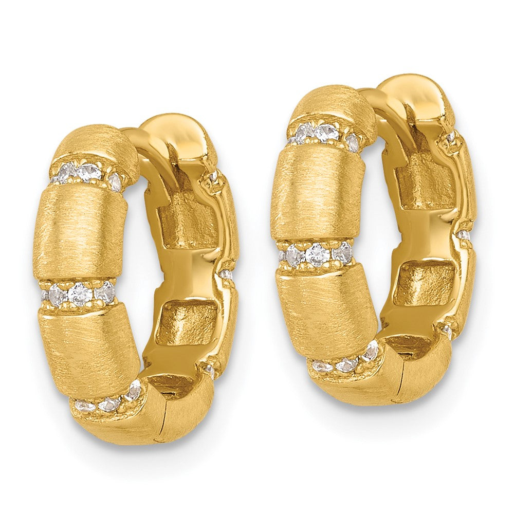 Sterling Silver Gold-Tone Polished and Textured CZ 4.0mm Round Hinged Hoop Earrings