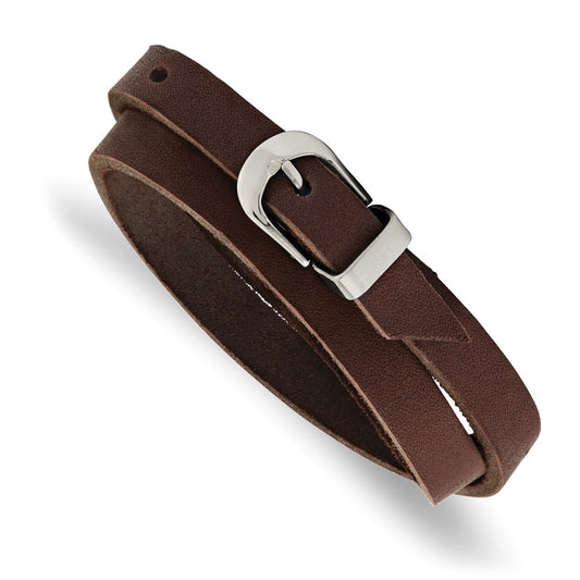 Stainless Steel Brown Leather Wrap Bracelet 8.5 inches