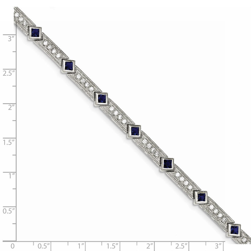 Sterling Silver Rhodium-plated Blue Glass and CZ 7.25 inch Bracelet 7.25 inches
