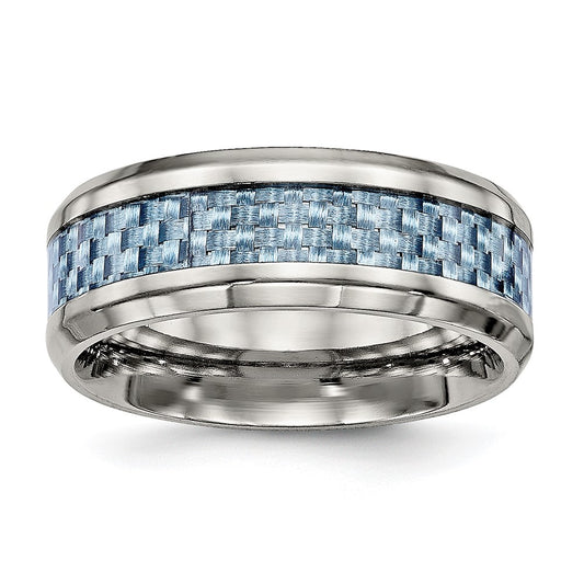 Titanium Polished w/Light Blue Carbon Fiber Inlay 8mm Ring Size - 7.5