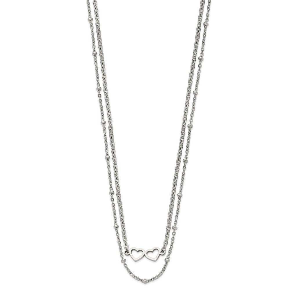 Stainless Steel Polished 2-Strand Double Heart w/1in ext. 18in Necklace