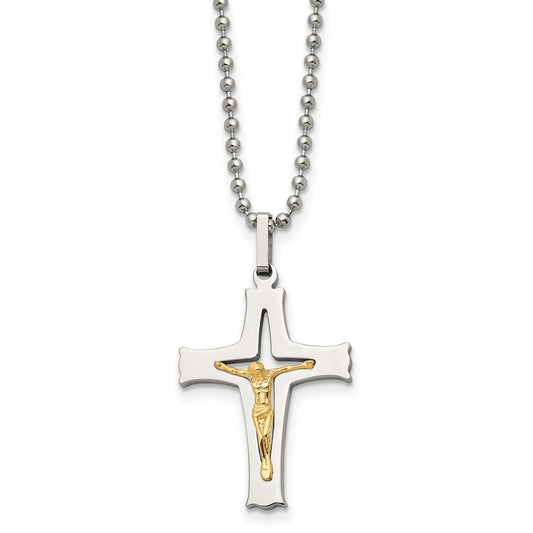 Stainless Steel Polished w/14k Gold Accent Crucifix 22in Necklace