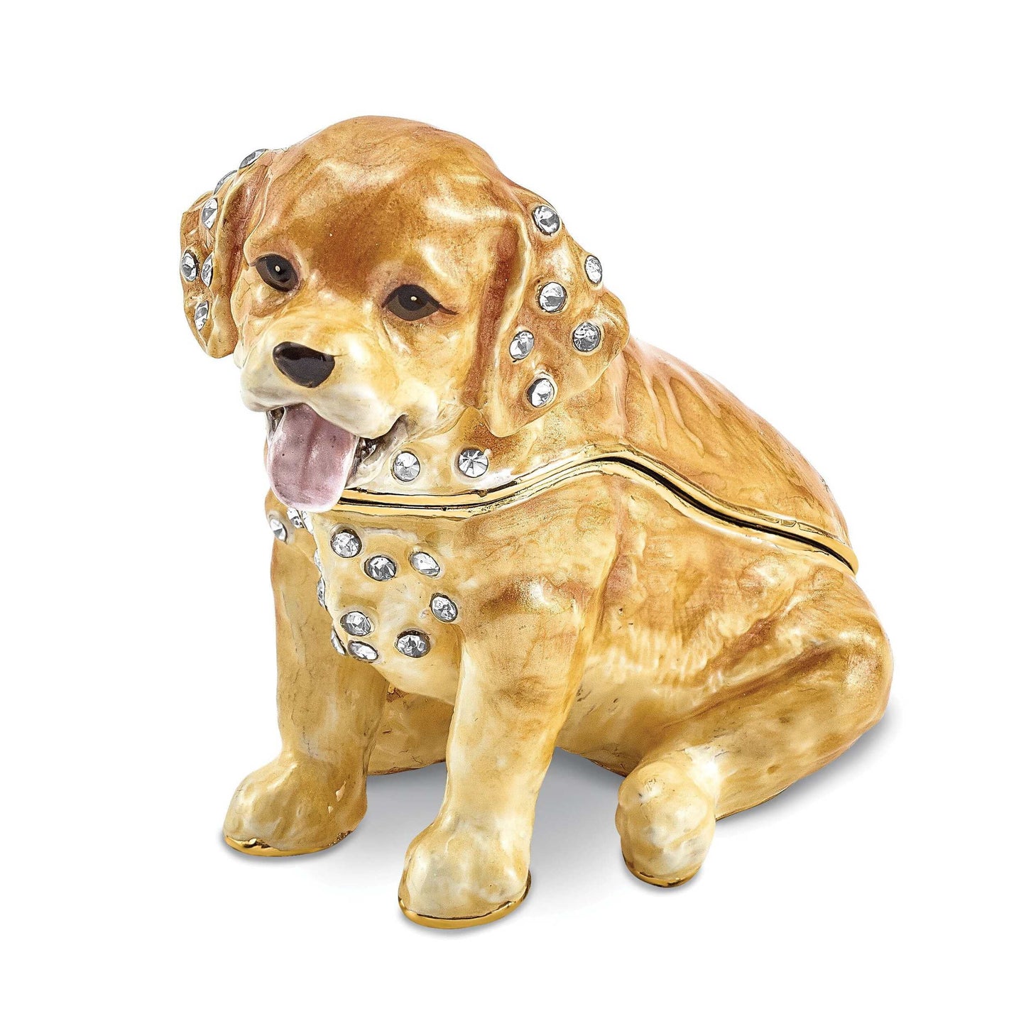Luxury Giftware Pewter Bejeweled Crystals Gold-tone Enameled SASSY Golden Retriever Pup Trinket Box with Matching 18 Inch Necklace Q-BJ4065