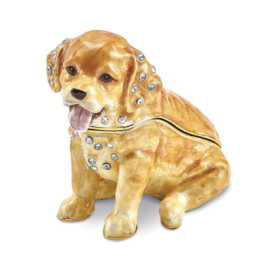 Luxury Giftware Pewter Bejeweled Crystals Gold-tone Enameled SASSY Golden Retriever Pup Trinket Box with Matching 18 Inch Necklace Q-BJ4065
