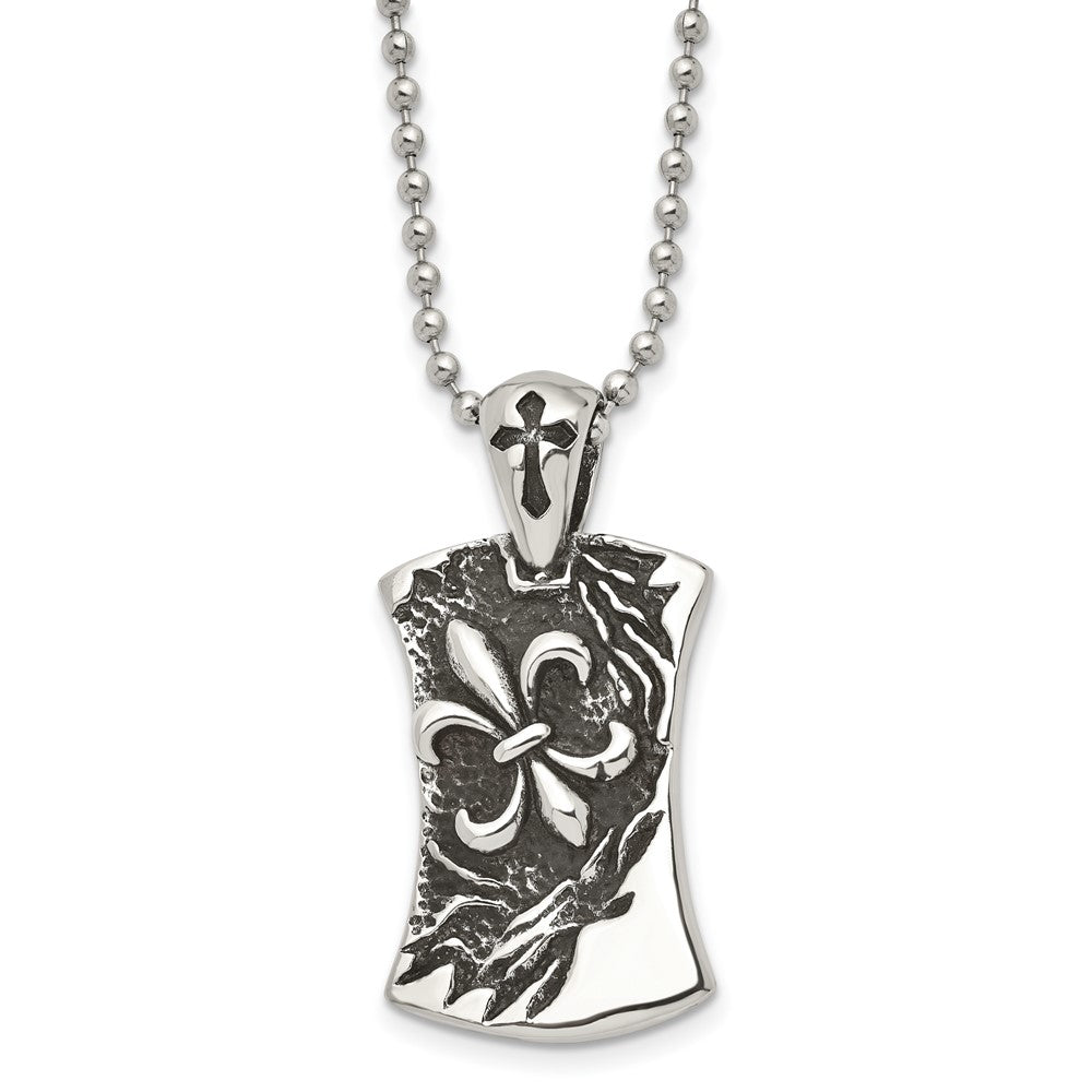 Stainless Steel Antiqued and Polished Fleur de lis Dog Tag 22in Necklace
