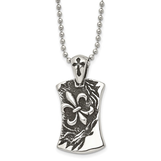 Stainless Steel Antiqued and Polished Fleur de lis Dog Tag 22in Necklace
