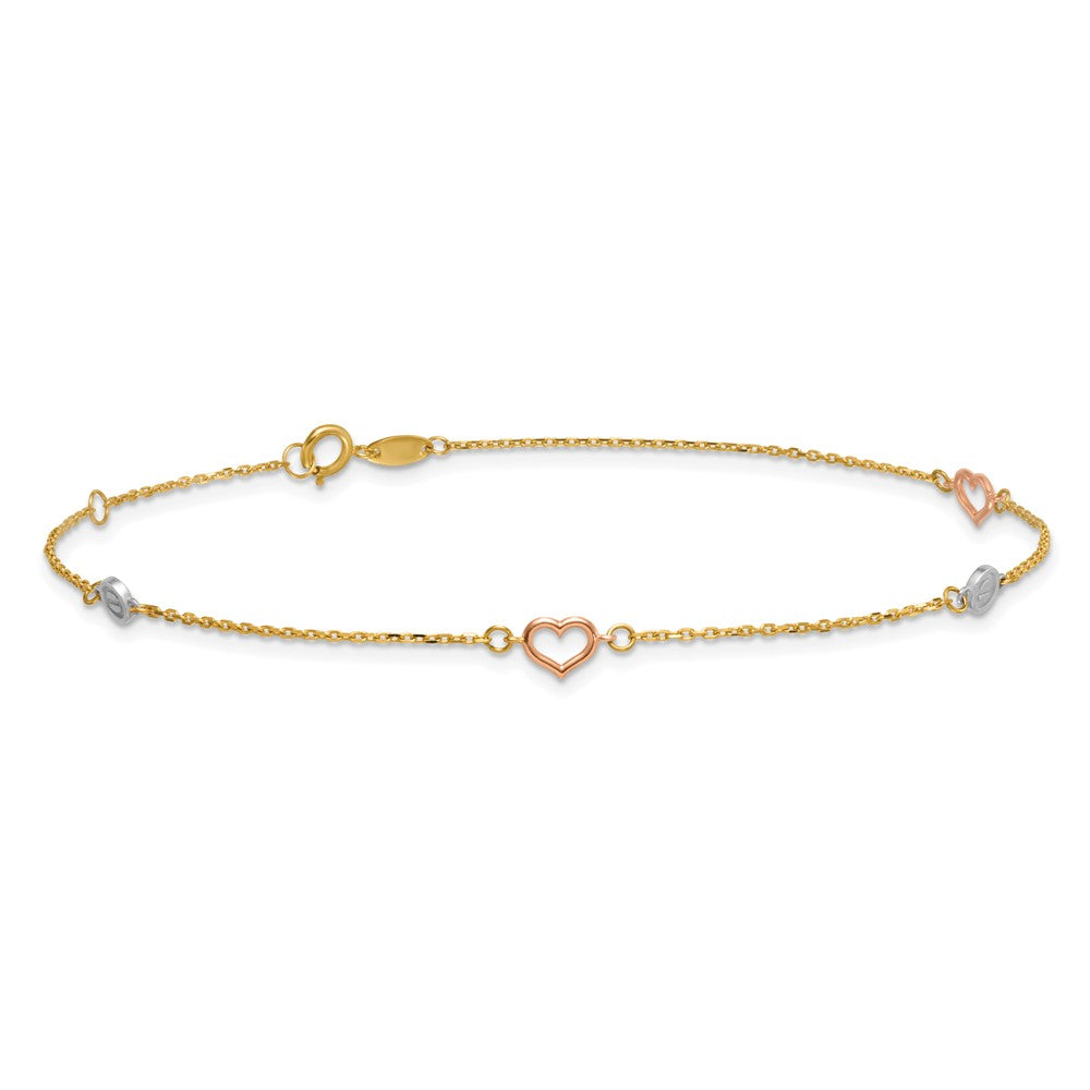 14k Tri-color Polished Hearts and Circles 9 inch with 1 inch Extender Anklet