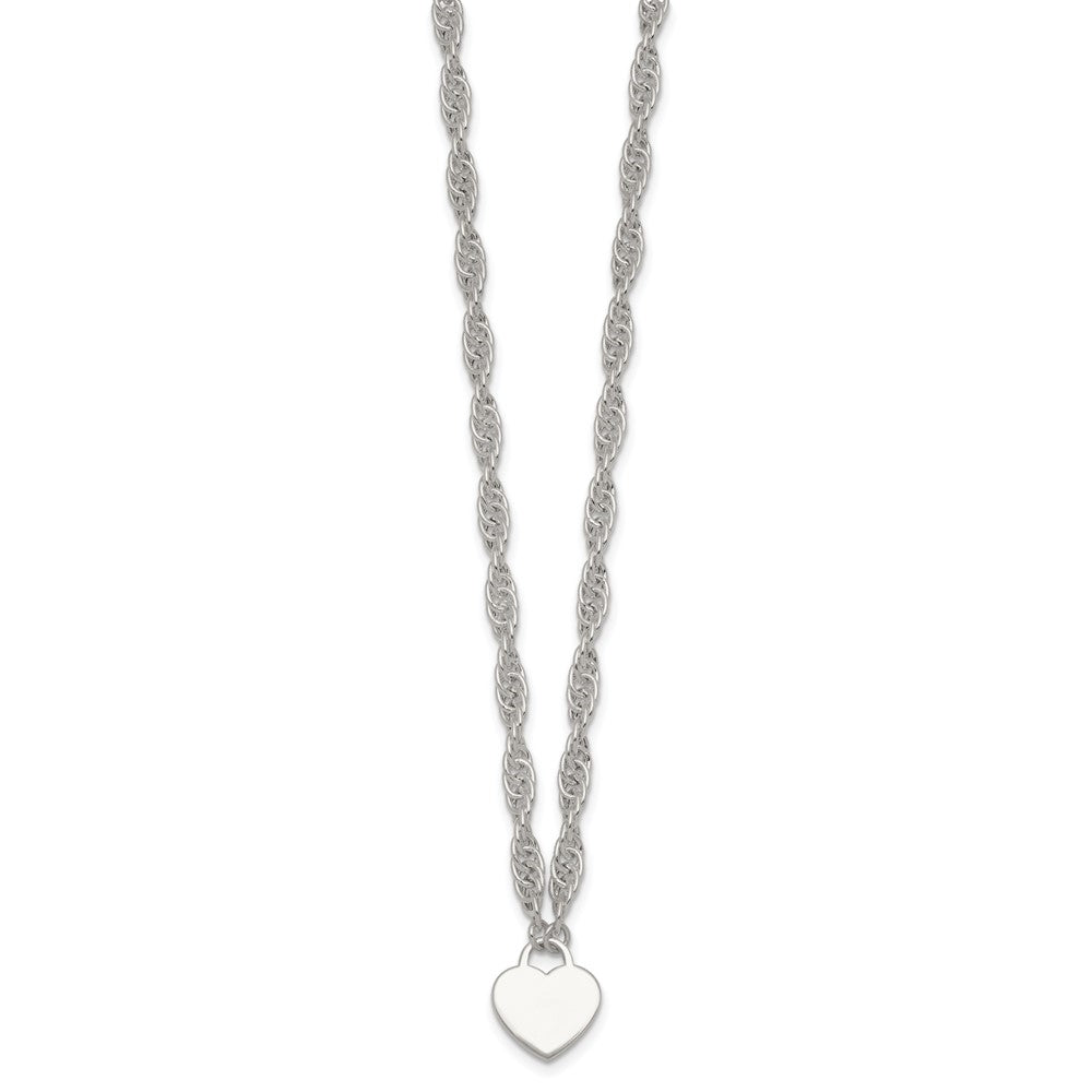 Sterling Silver Polished Fancy Engravable Heart Disc on Rope Chain 16 Inch with 2 Inch Extension Necklace 16 Inches
