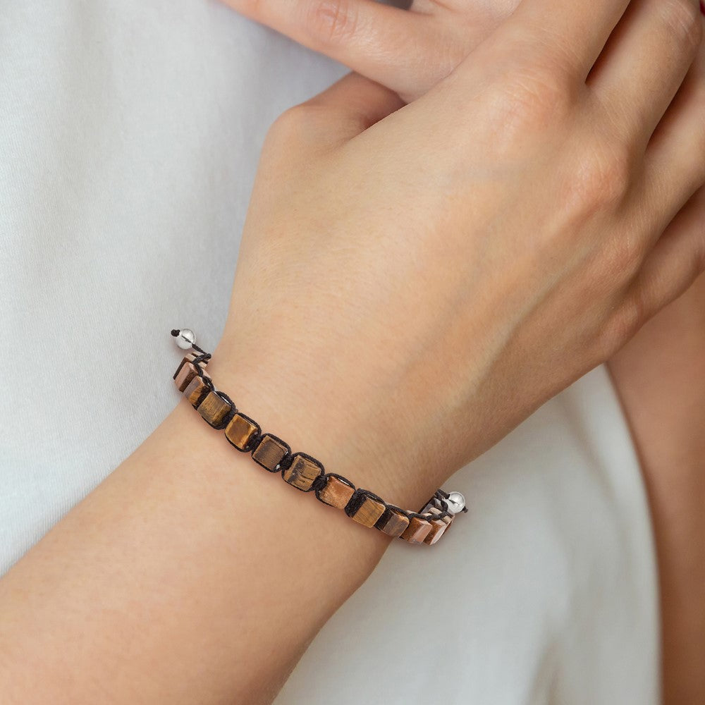 Stainless Steel Polished with Tiger's Eye Macrame Adjustable Bracelet 8.5 inches