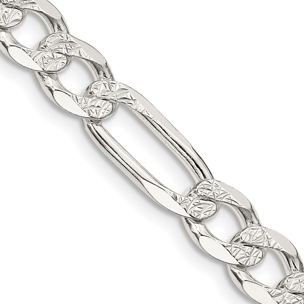 Sterling Silver 7.0mm Pav‚ Flat Figaro Chain 24 Inches