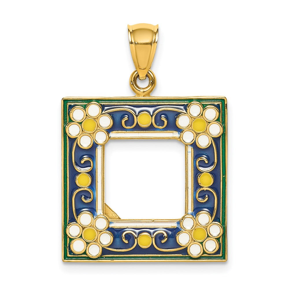 14K w/ Enamel Navy Floral Picture Frame Charm