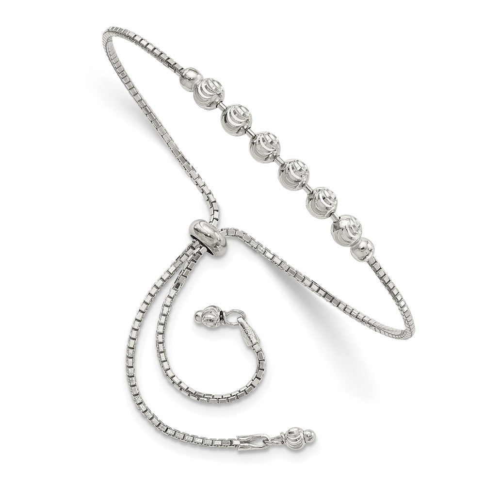 Sterling Silver Rhodium-plated Diamond-cut Beaded Adjustable Bracelet 10 inches