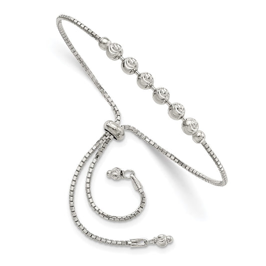 Sterling Silver Rhodium-plated Diamond-cut Beaded Adjustable Bracelet 10 inches