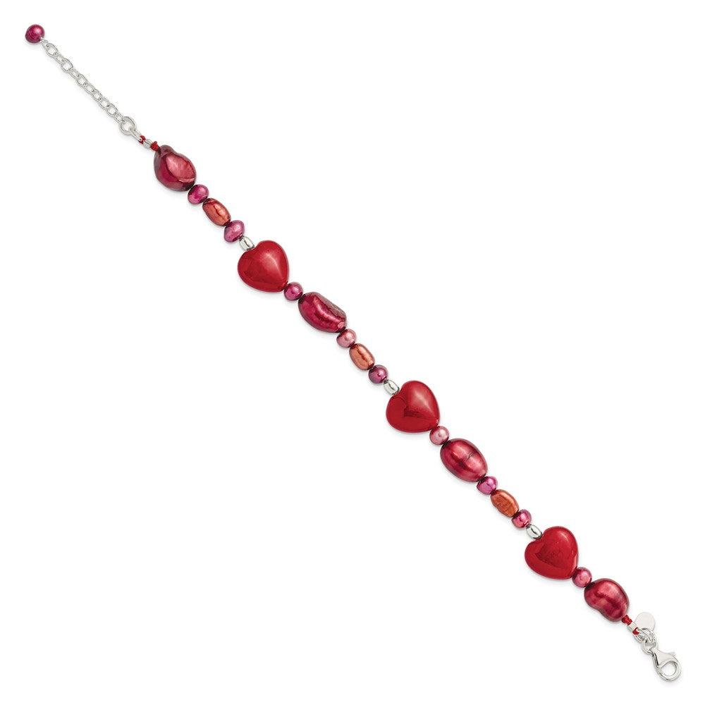 Sterling Silver Red Jade Hearts/FW Cultured Pearl Bracelet 7.5 inches