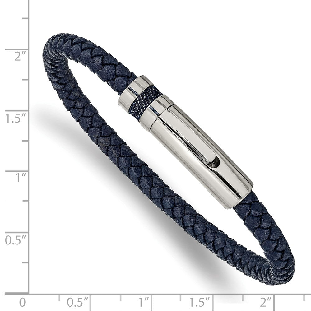Stainless Steel Polished Blue Leather 8.25in Bracelet 8.25 inches