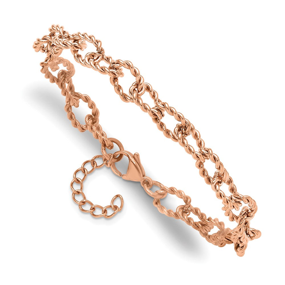 Chisel Stainless Steel Polished and Textured Rose IP-plated Open Link 7 inch Plus a 1 inch Extension Bracelet 8 inches