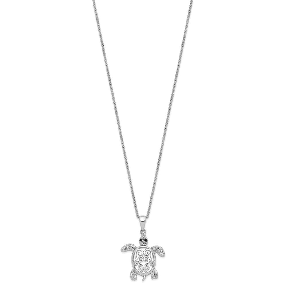 Cheryl M Sterling Silver Rhodium-plated Brilliant-cut Black Glass and Brilliant-cut White CZ Filigree Turtle 18 Inch Necklace 18 Inches