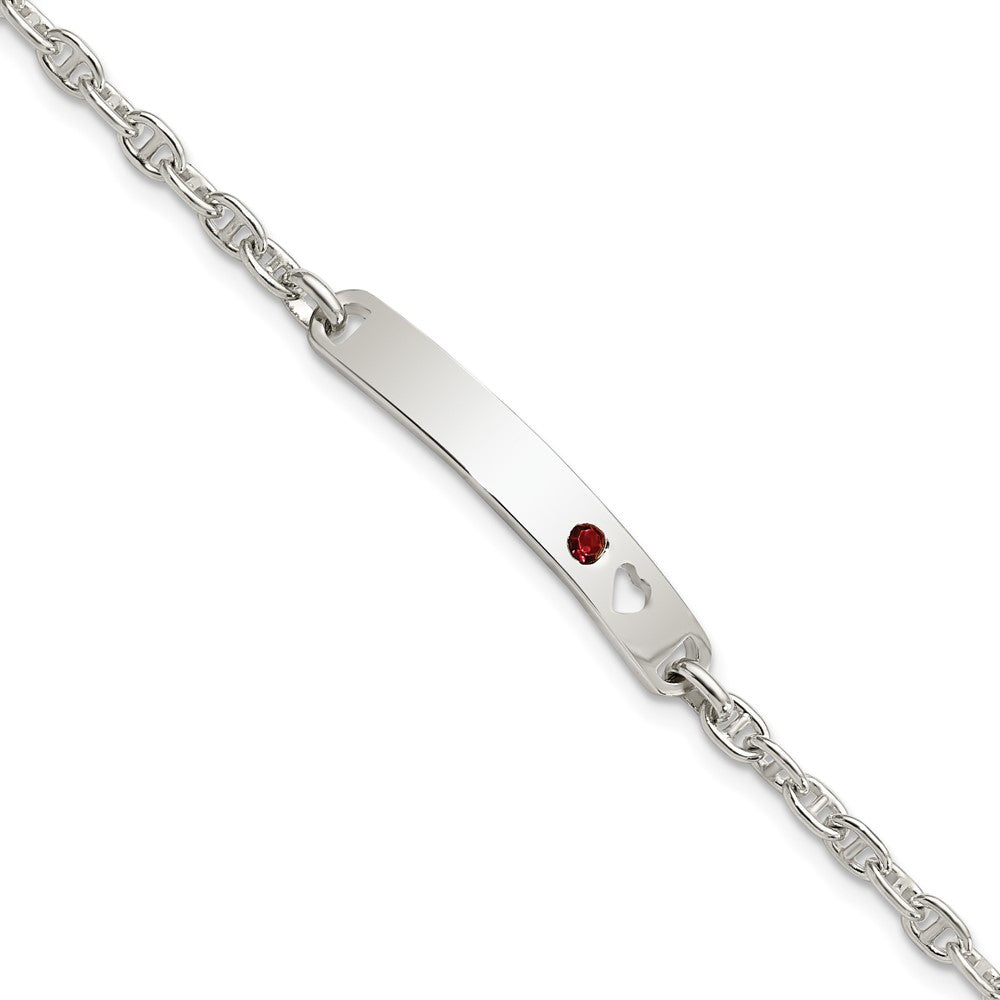 Sterling Silver Polished ID with Red CZ Heart Bracelet 7.5 inches