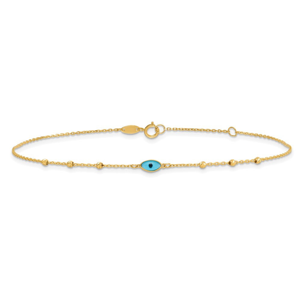 14k Diamond-cut Bead Stations Blue Glass Evil Eye 9 inch with 1 inch Extender Anklet