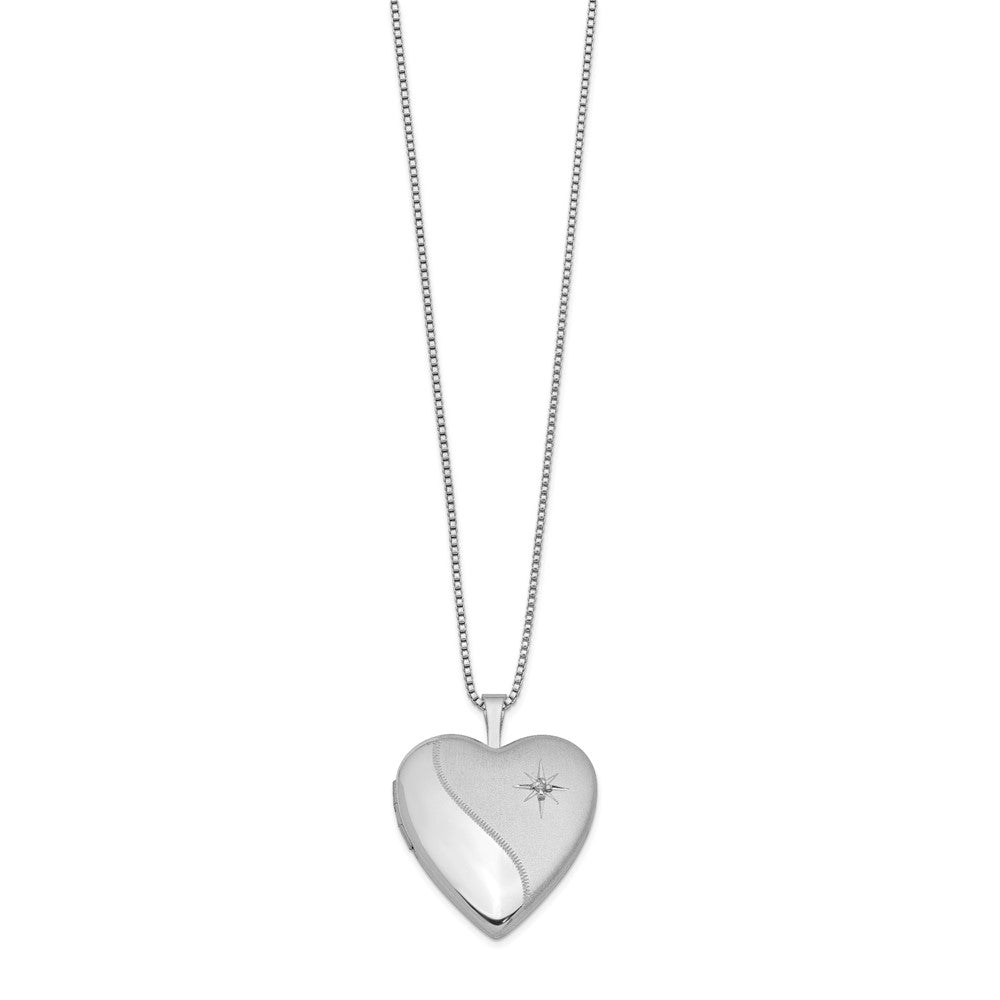 Sterling Silver Rhodium-plated 20mm Satin Diamond Heart Locket Necklace 18 Inches
