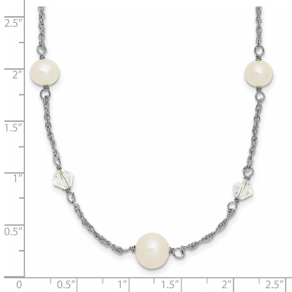 Sterling Silver Rhodium-plated 6-10mm White Near-Round Freshwater Cultured Pearl and Glass 5-Station 17.5 inch with 2.5 inch Extension Necklace 17.5 Inches