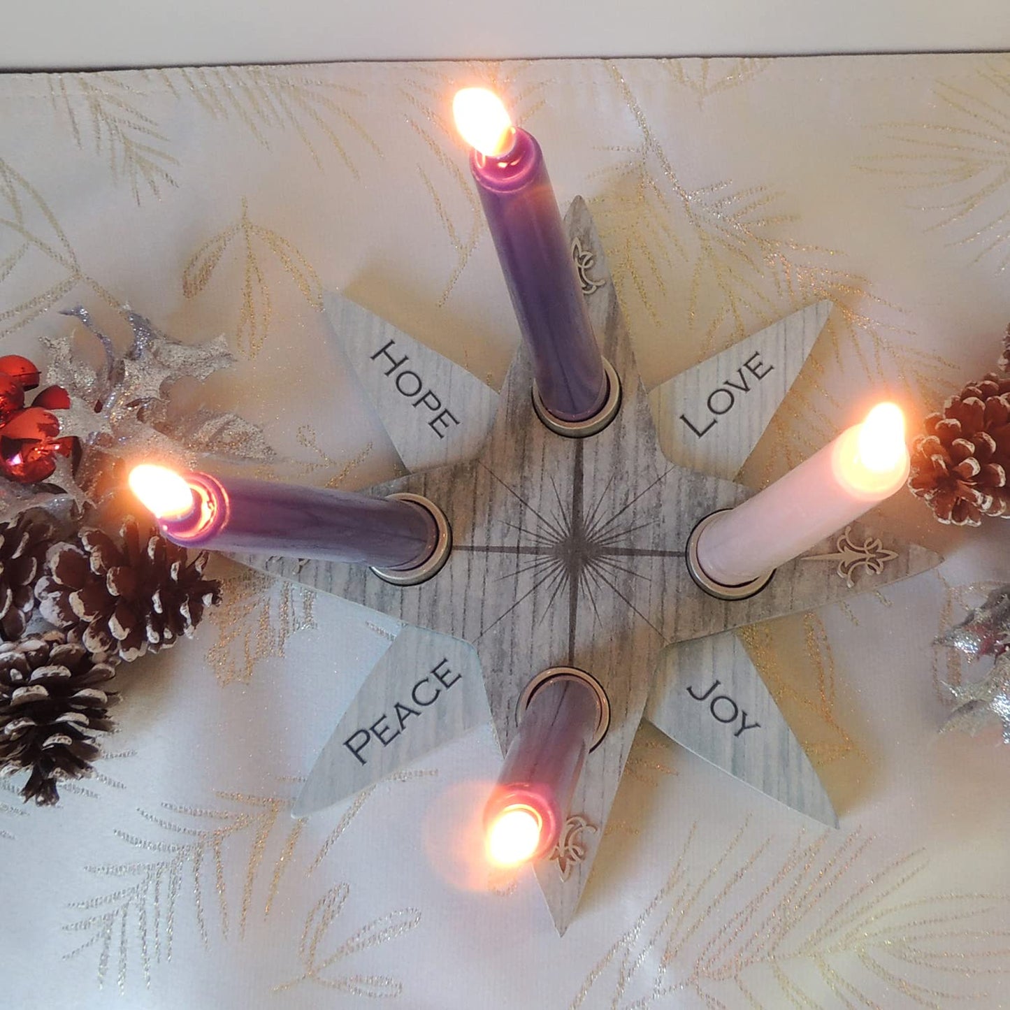 Star Advent Wreath - Hope, Peace, Faith, Joy, Advent Candle Holder Set with 4 Taper Candles, by Abbey & CA Gift